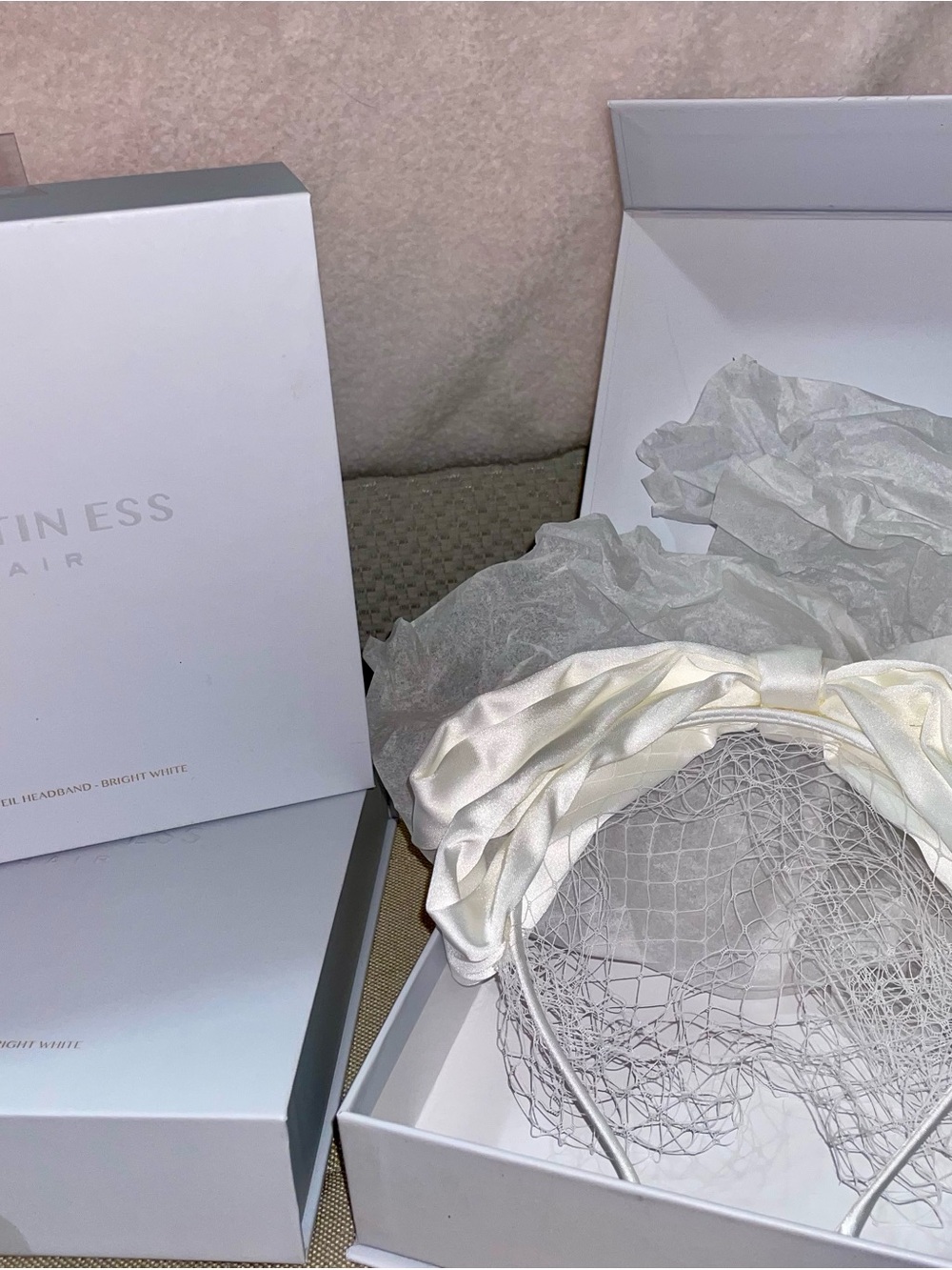 Satin Ruched Bow Headband with Veil - Bright White Kristin Ess